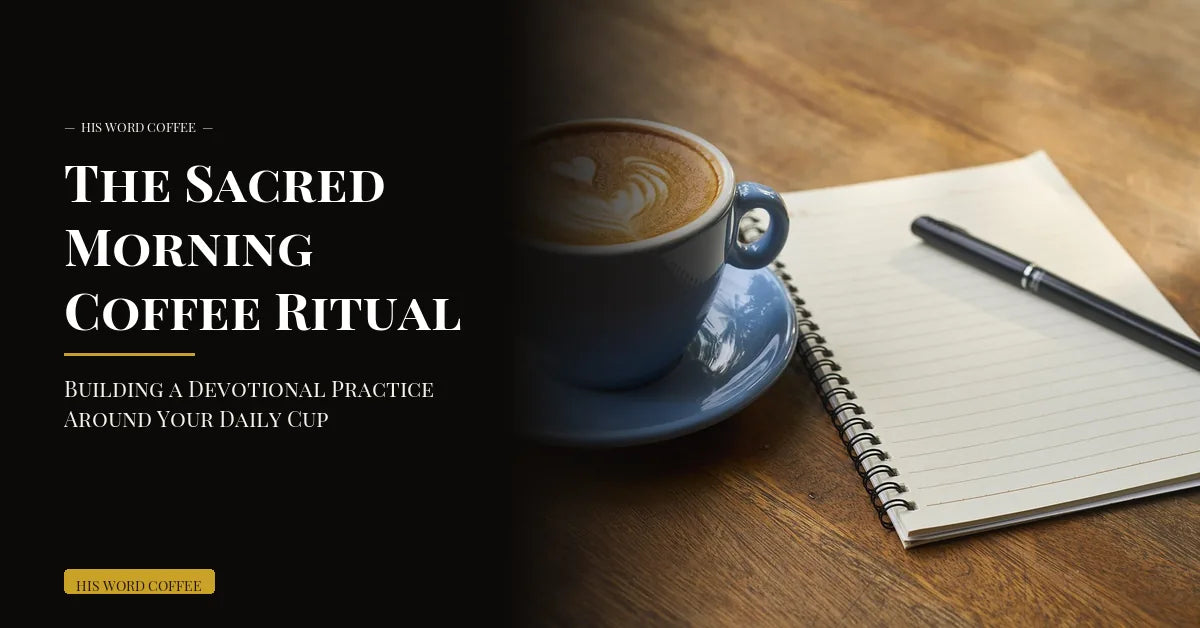 Heart-pattern latte in a blue cup beside an open spiral notebook and ink pen on a rustic wood table, illustrating a sacred morning coffee ritual at His Word Coffee.