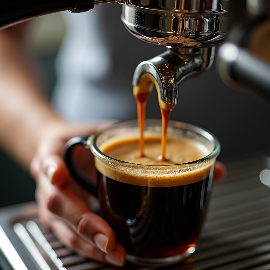Overhead view of fresh espresso with golden crema in ceramic mug surrounded by roasted coffee beans on rustic wood table