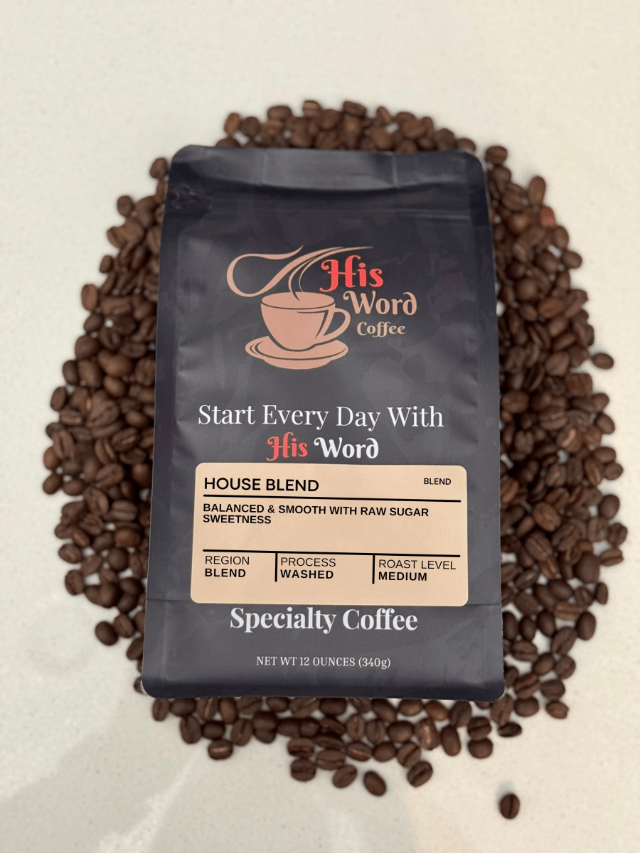 House Blend whole bean specialty coffee close-up, medium-dark roast texture