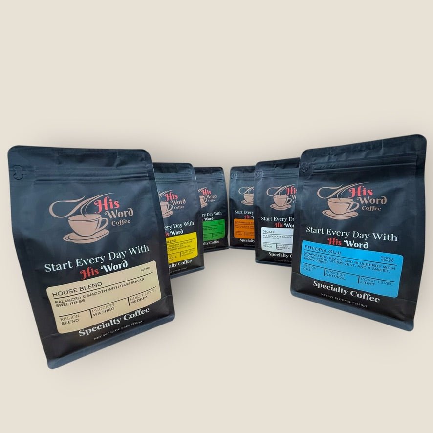 House Blend His Word Coffee bag transparent product shot, medium-dark roast