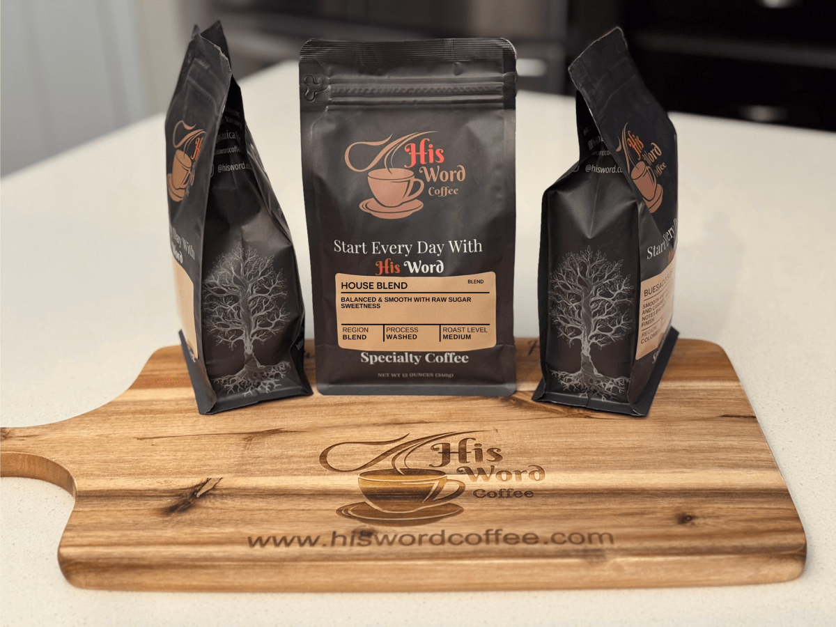 House Blend ground coffee detail, His Word Coffee medium-dark roast