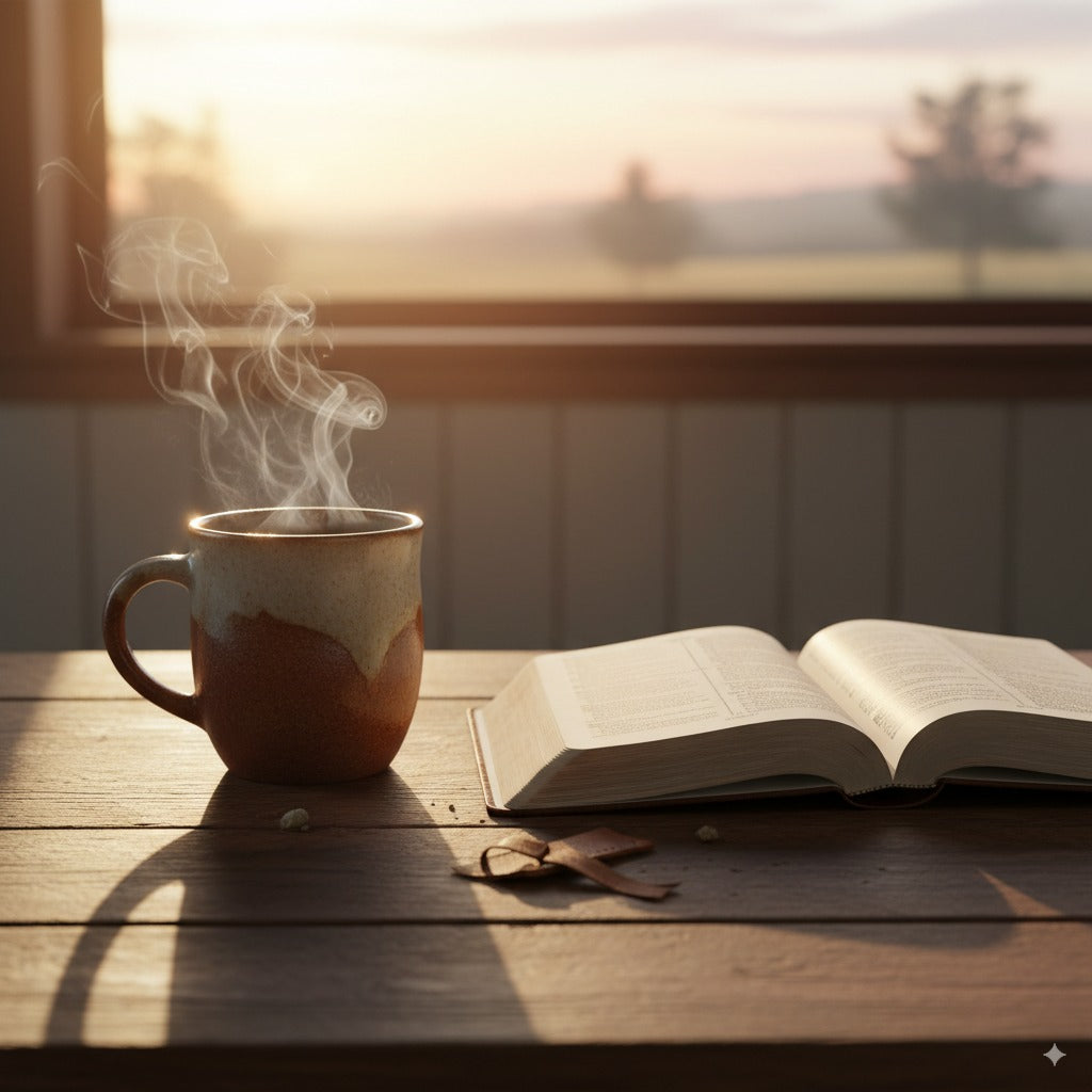 Steaming coffee mug beside an open Bible on a wooden table with soft sunrise light through a window - His Word Coffee