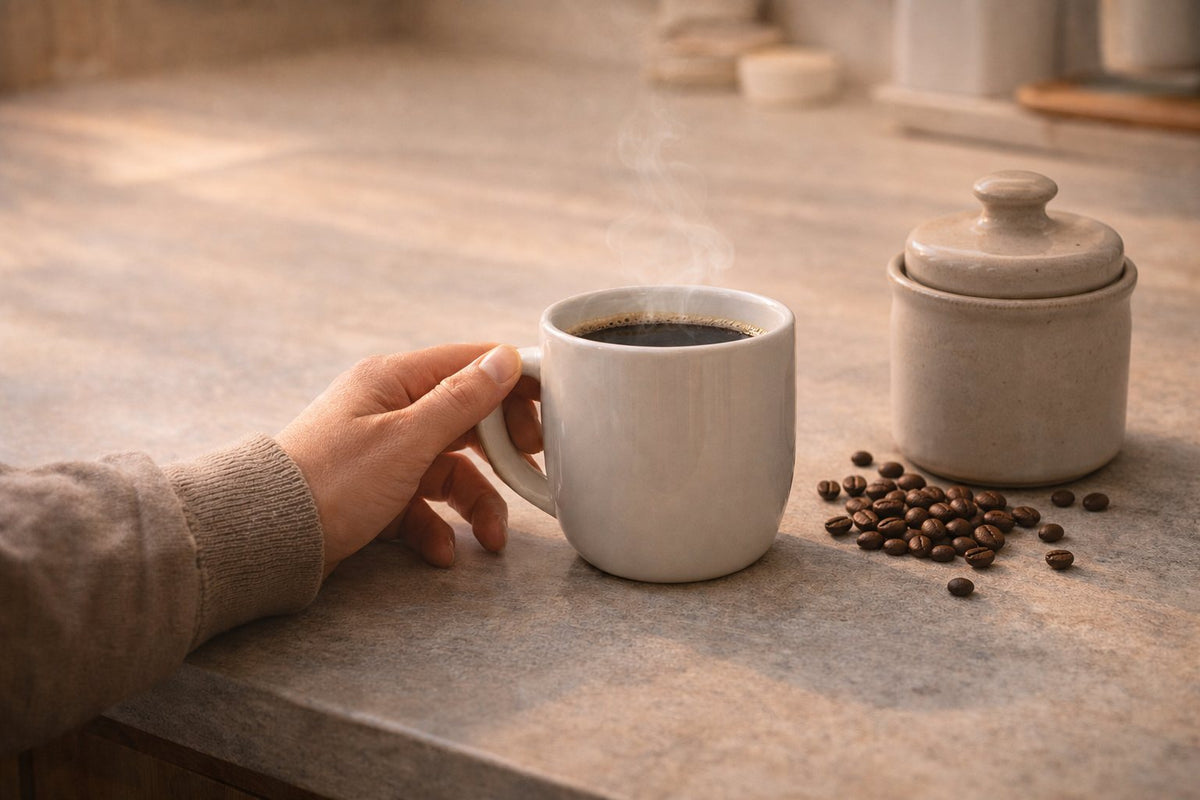 Hand holding a steaming ceramic mug beside an unbranded coffee canister and roasted beans in warm morning light - His Word Coffee
