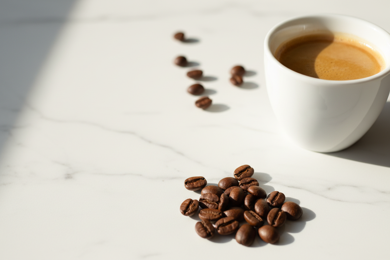 Freshly roasted specialty coffee beans beside a white espresso cup on marble surface - His Word Coffee
