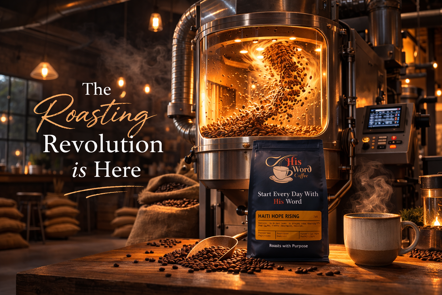 Fluid bed coffee roaster with glass chamber showing beans circulating, His Word Coffee bag on counter - His Word Coffee