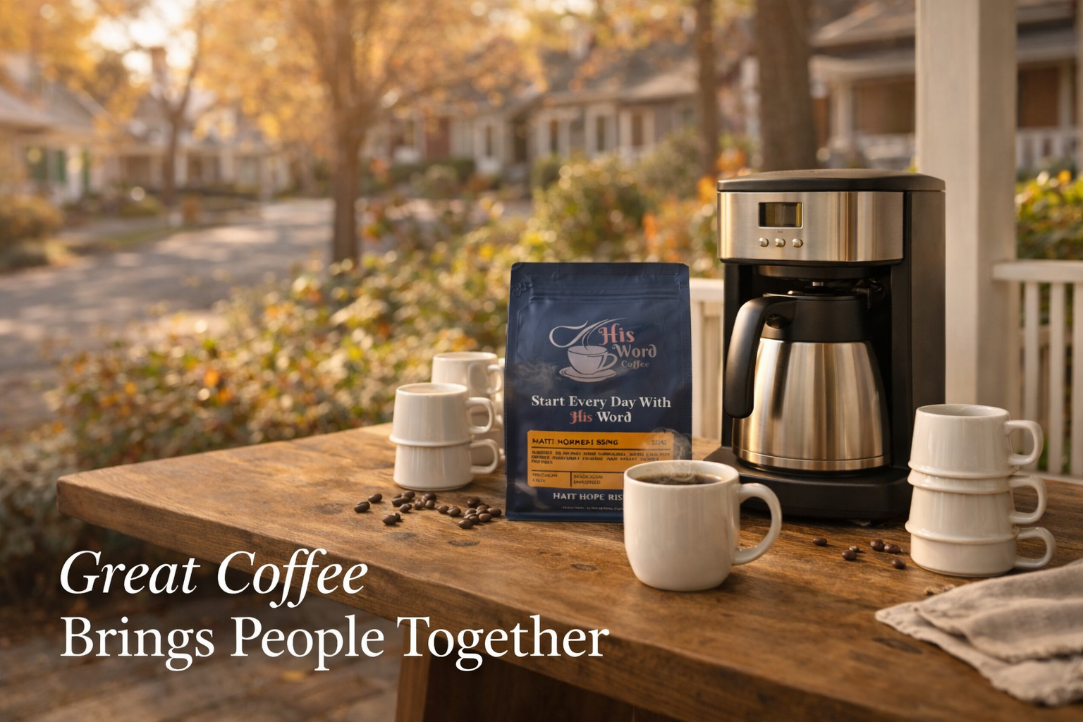 His Word Coffee bag on an outdoor porch table with mugs and coffee maker among autumn leaves - His Word Coffee