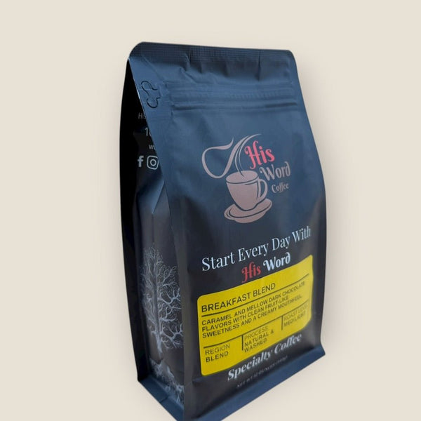Breakfast Blend 12oz bag, alternate angle showing roast date and origin