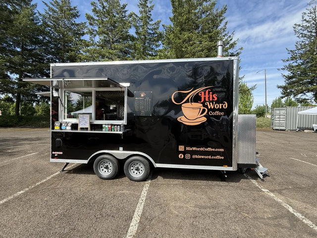 His Word Coffee trailer setup at an event