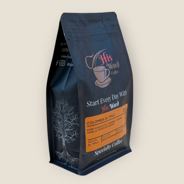 Colombia El Tiple 12oz coffee bag back showing roast date and origin details