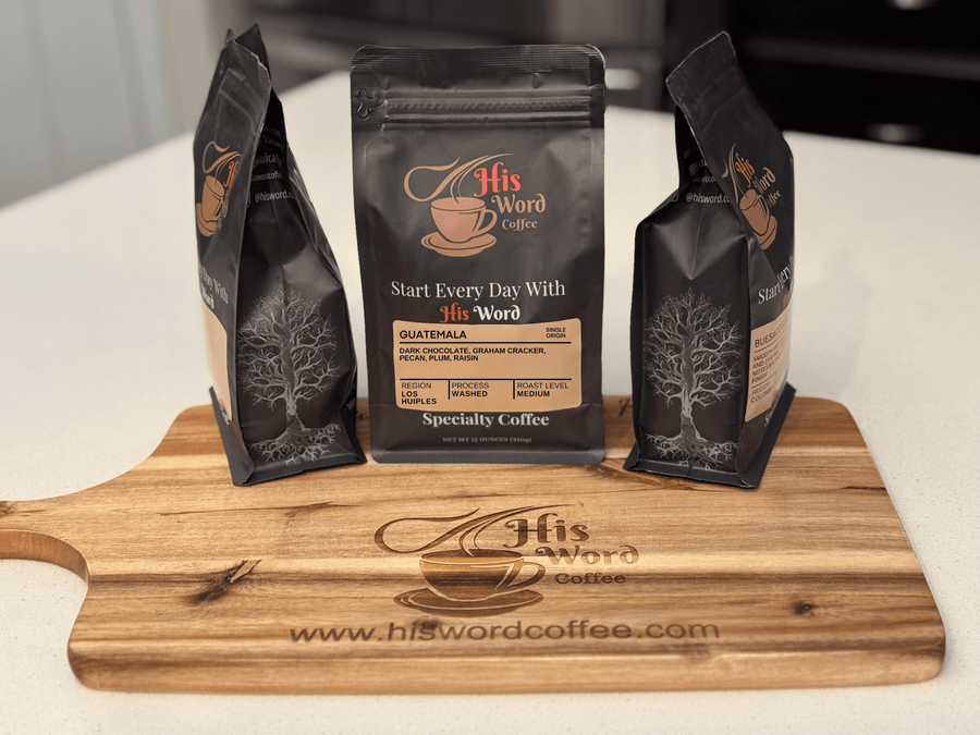 Guatemala Los Huipiles 12oz coffee bag front, His Word Coffee branding, medium roast Guatemala