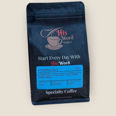 Ethiopia Sunrise 12oz coffee bag front, His Word Coffee branding, light roast Ethiopia