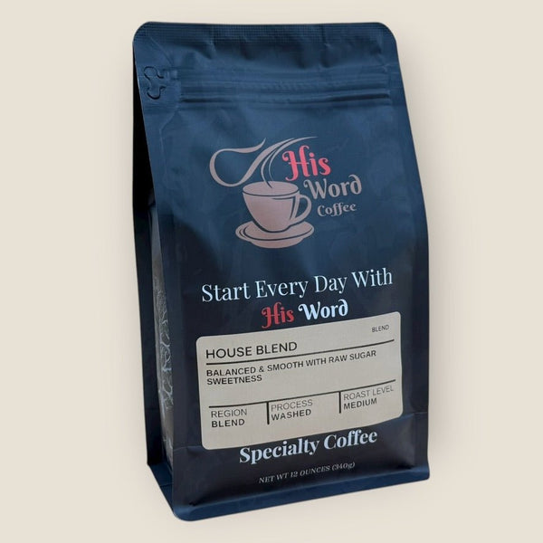 House Blend 12oz coffee bag front, His Word Coffee branding, medium-dark roast multi-origin blend