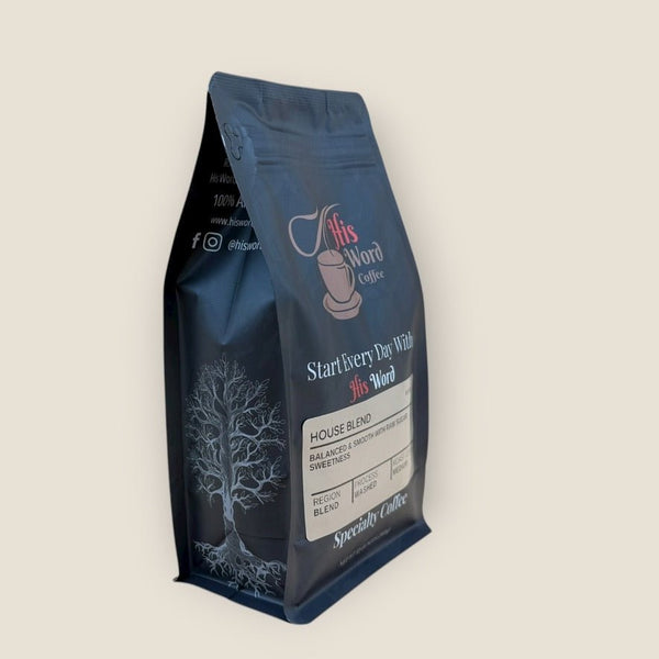 House Blend 12oz coffee bag back showing roast date and origin details