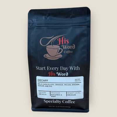 Evening Grace Decaf 12oz coffee bag front, His Word Coffee branding, medium roast Colombia (decaf)