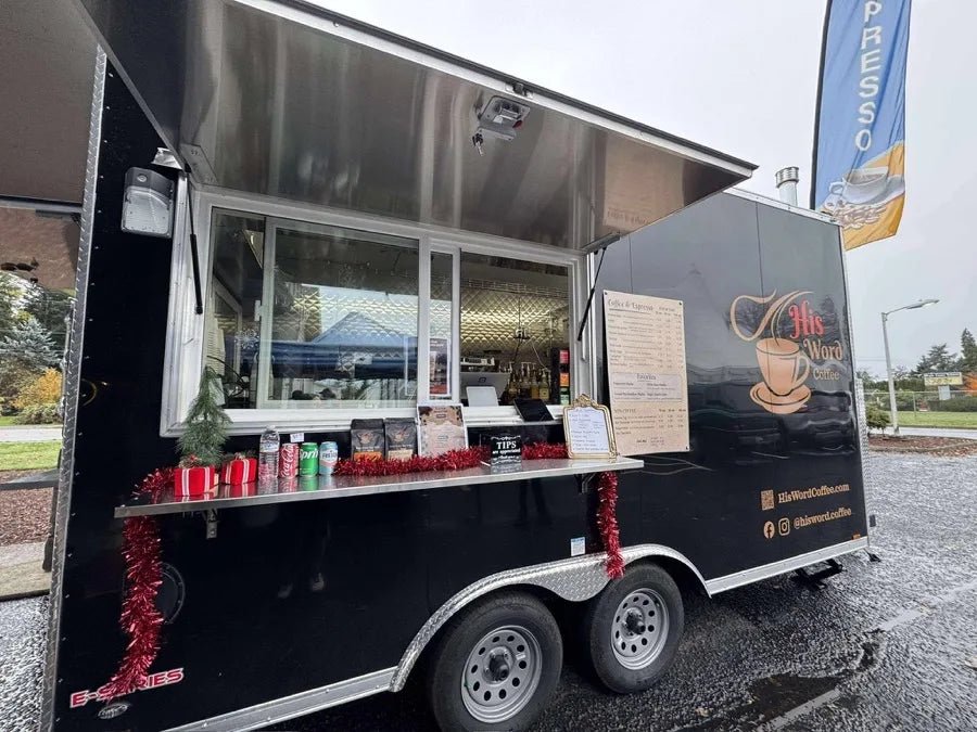 His Word Coffee trailer open and serving at a holiday event